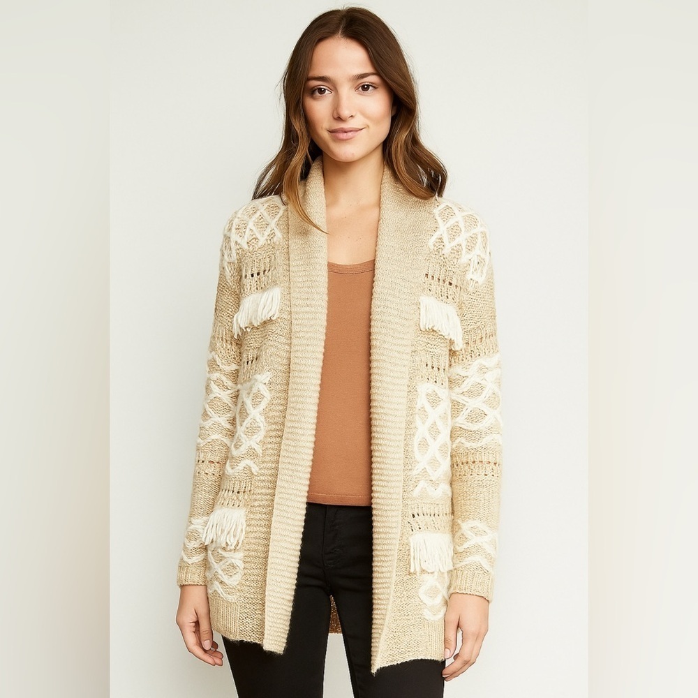 Lucky Brand Cream and White Stripe Fringe Cardigan